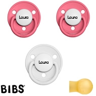 Bibs de LUX Schnuller mit Namen, Rund, Latex, Gr. 1, (2 Coral+ 1 White -HK), 3'er Pack